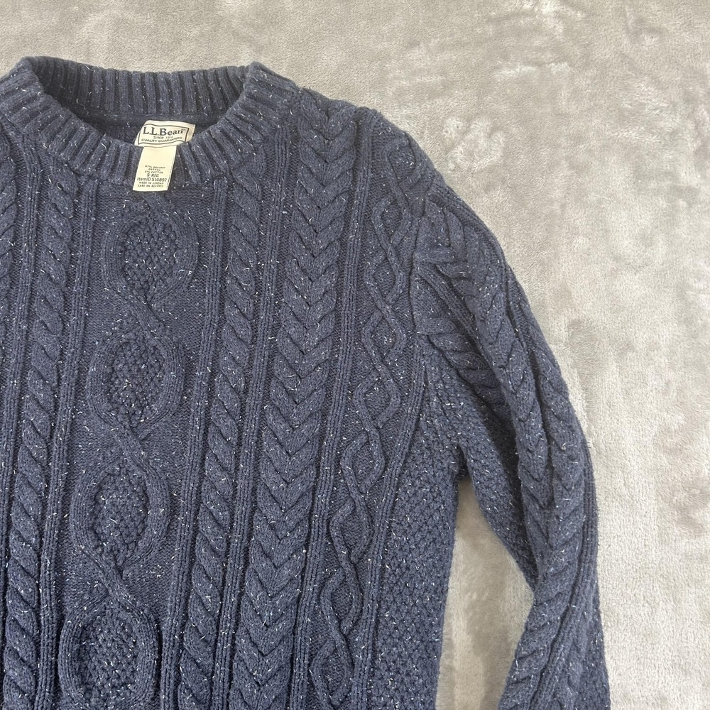 L.L. Bean Sweater Mens Small Blue Cable Knit Crew Neck Organic Cotton Pullover - Picture 4 of 14
